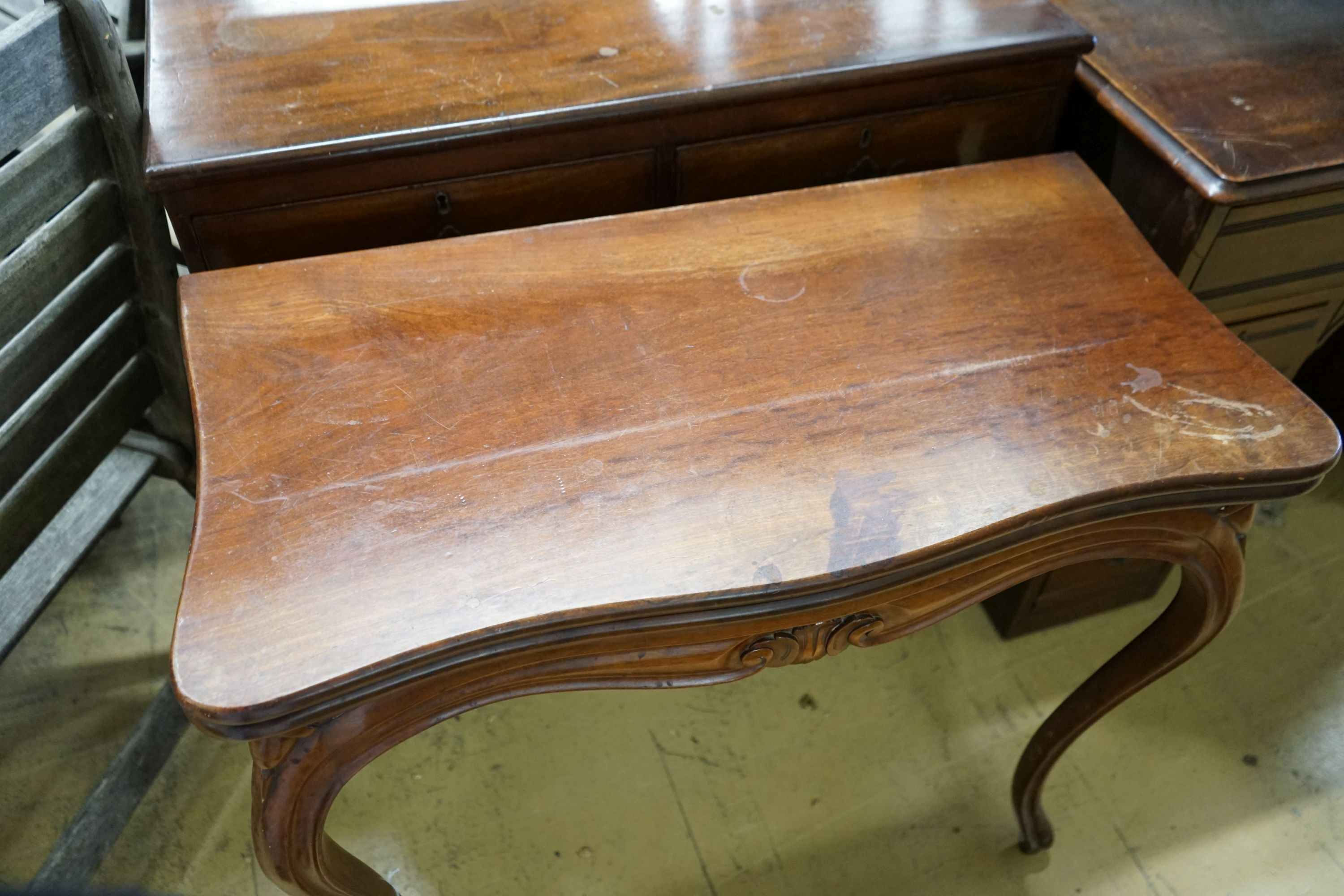 A mahogany French folding card table, width 84cm, depth 43cm, height 75cm